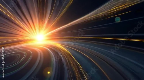 Futuristic Space Warp with Bright Light and Radiant Particle Trails.