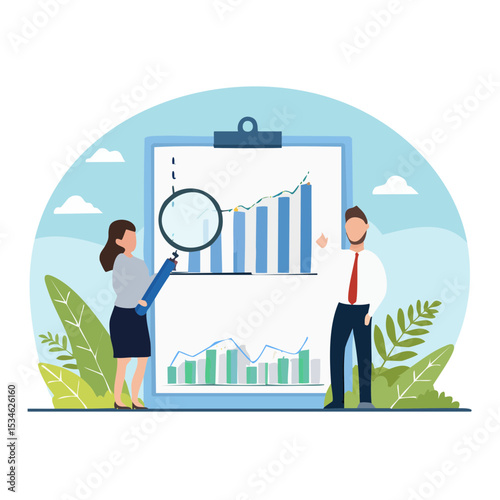 Data analysis, optimization or marketing analytics for statistics improvement, growth or KPI measurement result, chart or diagram concept, business people hold magnifying glass analyzing data char