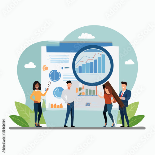 Data analysis, optimization or marketing analytics for statistics improvement, growth or KPI measurement result, chart or diagram concept, business people hold magnifying glass analyzing data char