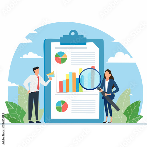 Data analysis, optimization or marketing analytics for statistics improvement, growth or KPI measurement result, chart or diagram concept, business people hold magnifying glass analyzing data char