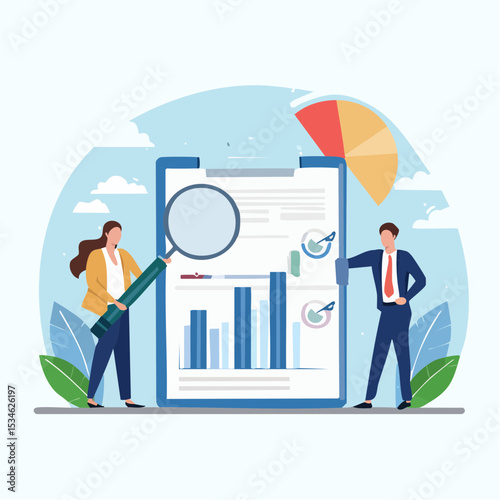 Data analysis, optimization or marketing analytics for statistics improvement, growth or KPI measurement result, chart or diagram concept, business people hold magnifying glass analyzing data char