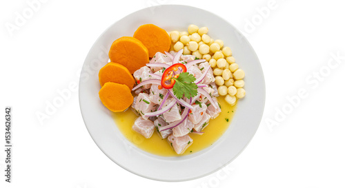 Delicious peruvian ceviche recipe with sweet potato and corn for food blog and social media posts on transparent background