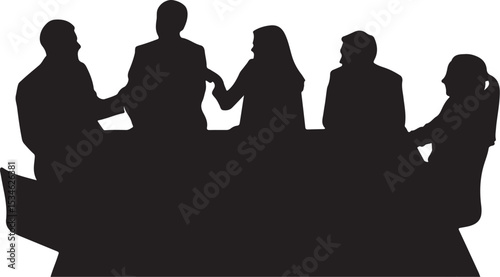 Silhouetted business team at a meeting around a conference table discussing and collaborating on a project