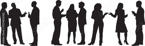 Silhouettes of people in various group conversations and social interactions