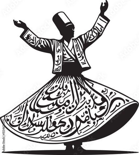Dervish silhouette performing sufi whirling dance artistic islamic illustration