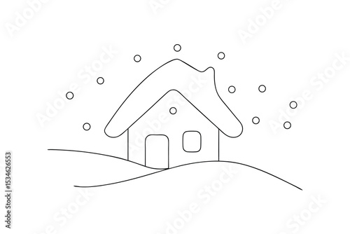 Simple line drawing cozy winter house snow falling