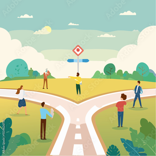 Direction choice, crossroad or decision for career path, choosing path way, challenge or opportunity doubt, determination or tough decision concept, business people thinking on difference career pat