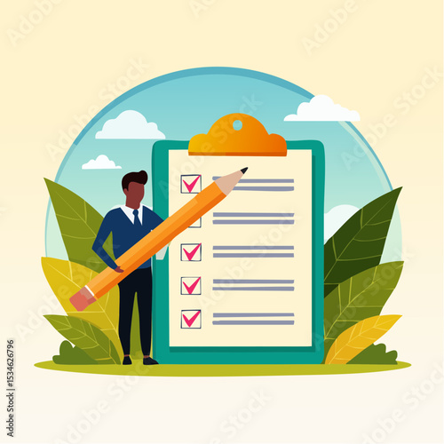 Project tracking, goal tracker, task completion or checklist to remind project progress concept, businessman project manager holding big pencil to check completed tasks in project management timelin