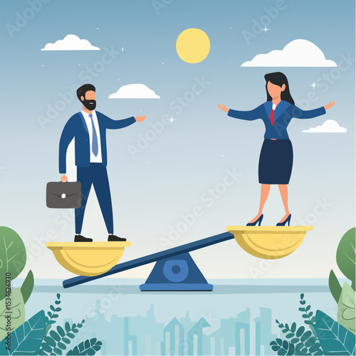 Gender equality, treat female and male equally, diversity or balance, fairness and justice concept, businessman and businesswoman balancing on equal seesa