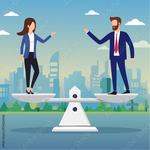 Gender equality, treat female and male equally, diversity or balance, fairness and justice concept, businessman and businesswoman balancing on equal seesa