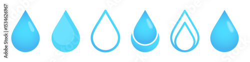 Set of six blue water drop icons with different shapes. Flat design for water, liquid, and environment concepts.