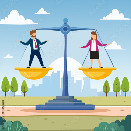 Gender equality, treat female and male equally, diversity or balance, fairness and justice concept, businessman and businesswoman balancing on equal seesa