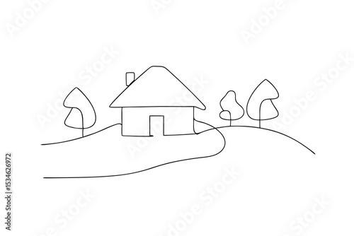 Simple line drawing house hillside trees minimalist home