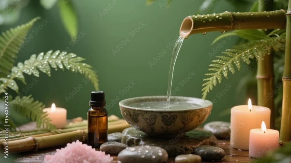 Spa scene with bamboo, candles, pink salt, and flowing water in nature setting
