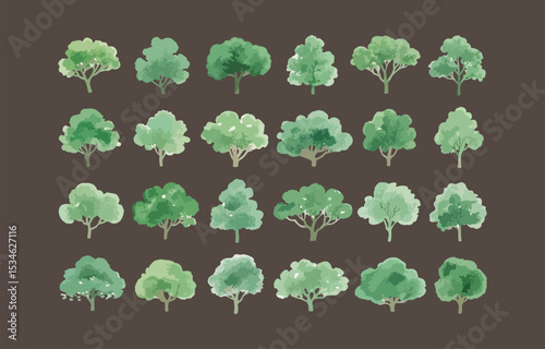 Collection of twenty four watercolor style green trees isolated on dark background