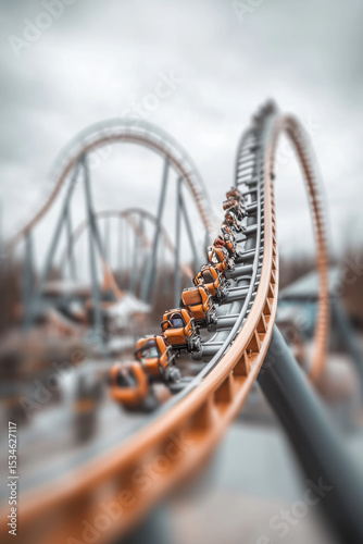 Roller coaster mid-air with people riding, orange and gray theme, high-resolution action shot