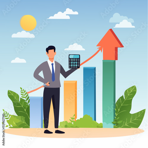 Calculate revenue growth, growing income or investment earning, tax, accounting or profit calculation, financial evaluation concept, businessman with calculator and growth chart diagram growing arro