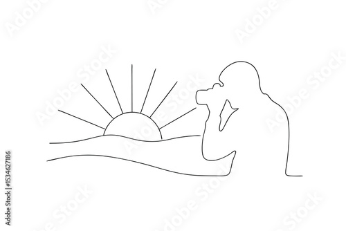 Photographer capturing sunrise over calm ocean minimalist line art