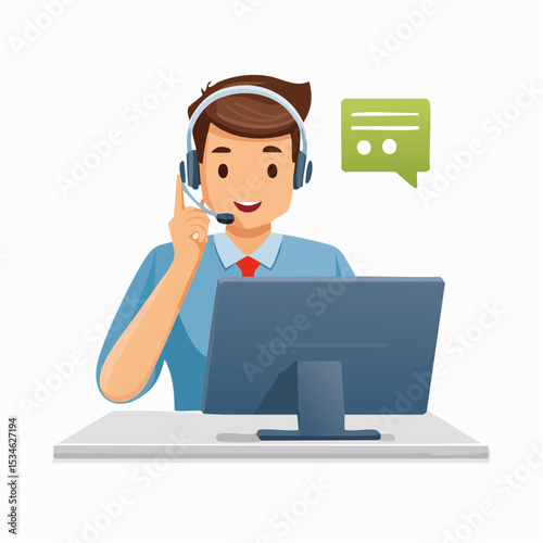 Support staff help fixing technical problem, help desk or operator with phone call or chat to assist customer concept, helpful man with headset talking with customer help solve computer proble