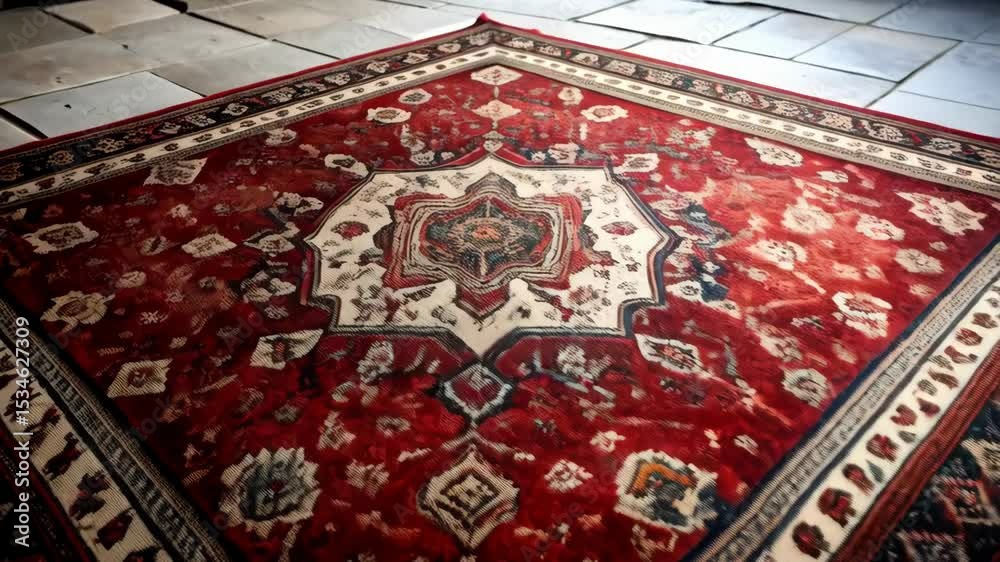 Elaborate patterned red area rug or carpet laying flat on stone tile flooring in home interior setting, with detailed designs and colors.