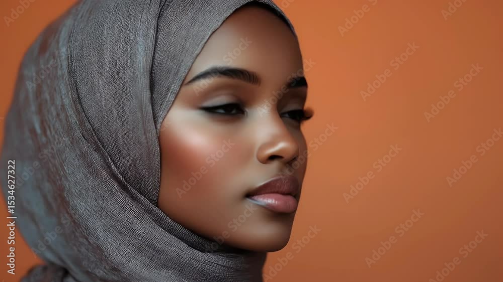 Serene portrait of woman in hijab, against orange backdrop Serene portrait of woman in hijab, against orange backdrop