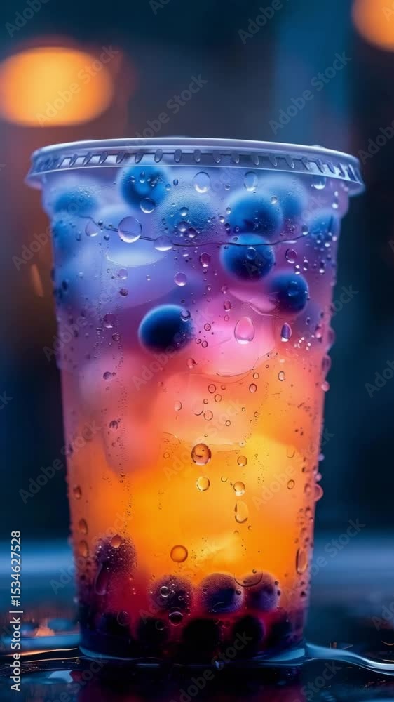 Icy cold drink with fresh berries and ice cubes in transparent glass with water droplets — perfect summer refreshment.
