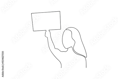 Woman holding blank sign protest demonstration line art minimalist