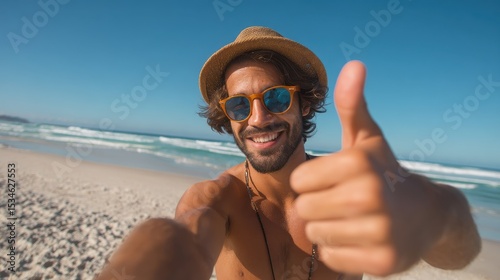Smiling man at beach in summer outfit showing thumbs up, vacation selfie on sunny day