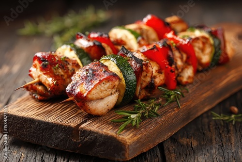Grilled chicken and veggie kebabs with spices on wooden board, summer barbecue food