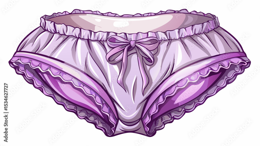 Shiny satin French cut panties in soft lilac with scalloped trim on white background. The vintage elegance adds charm to luxury lingerie vector artworks and beauty-themed collections.

