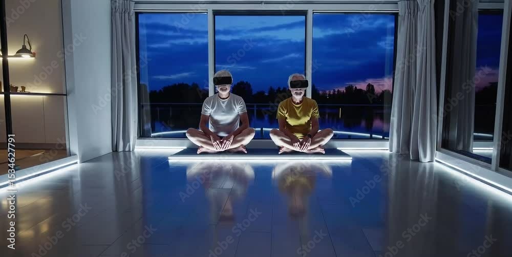 An elderly couple, a man and a woman, seniors, meditate in VR headsets, in the middle of a technological neon room, semi-darkness,8K,loop