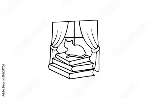 Cozy cat napping on stack of books by window
