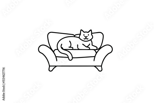 Cute cat relaxing on a cozy sofa line art illustration