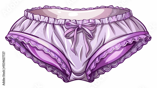 Shiny satin French cut panties in soft lilac with scalloped trim on white background. The vintage elegance adds charm to luxury lingerie vector artworks and beauty-themed collections.

