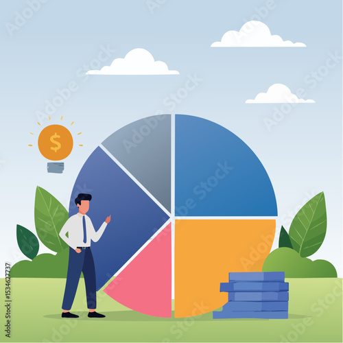 Budget planning, financial expense or spending allocation, investment, income, saving percentage pie chart, cost tracking or debt management concept, businessman analyze budget allocation pie char