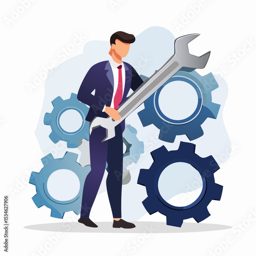 Adjustment and optimization for business improvement, change or fine tune for smooth ride, repair and maintenance service concept, businessman holding wrench to adjust gear cogwheels settin
