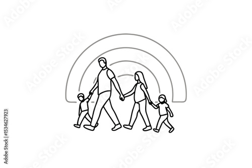 Happy family walking together under rainbow