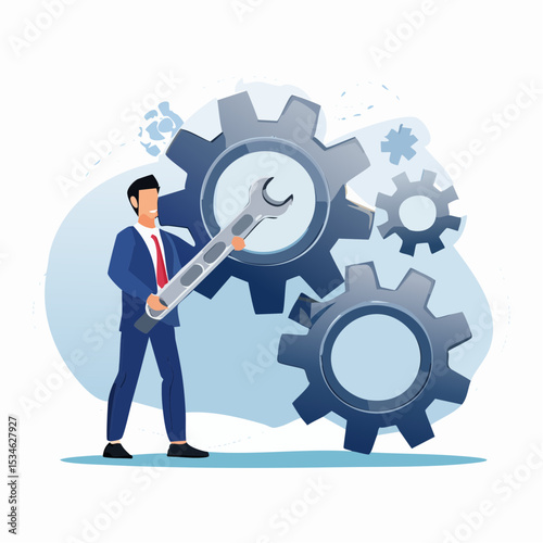 Adjustment and optimization for business improvement, change or fine tune for smooth ride, repair and maintenance service concept, businessman holding wrench to adjust gear cogwheels settin