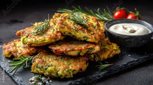 Crispy zucchini fritters with sour cream on dark background, rustic top view food photo