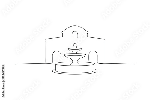 Elegant fountain in front of architectural structure minimalist line art
