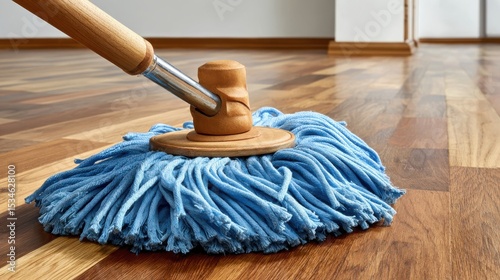 Blue mop on wooden floor in clean modern home interior, close-up cleaning concept