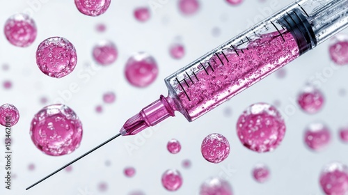 Syringe filled with pink liquid and cells, medical concept with hyper-realistic photography