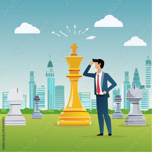 Leadership strategy to success, planning or tactic to reach business goal, challenge, analysis or opportunity to achieve target concept, businessman think with king, knight chess piece for next mov