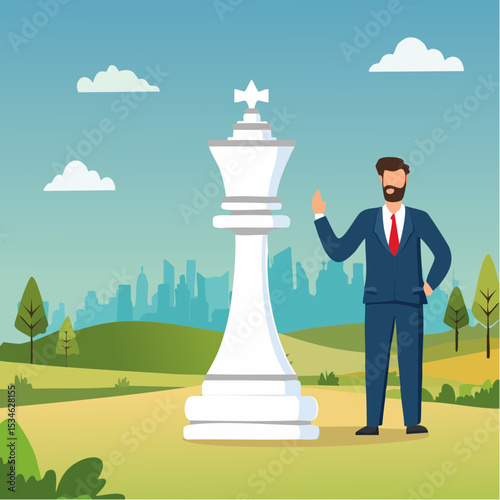 Leadership strategy to success, planning or tactic to reach business goal, challenge, analysis or opportunity to achieve target concept, businessman think with king, knight chess piece for next mov