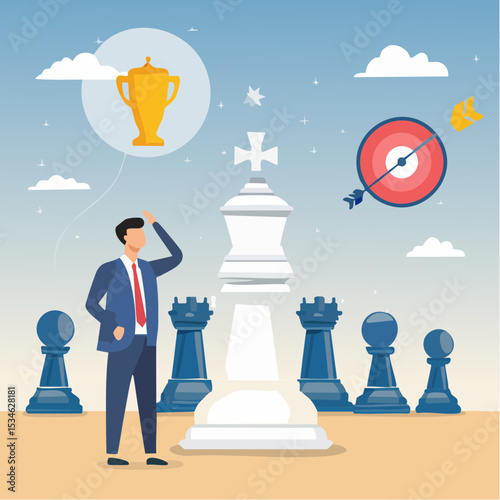 Leadership strategy to success, planning or tactic to reach business goal, challenge, analysis or opportunity to achieve target concept, businessman think with king, knight chess piece for next mov