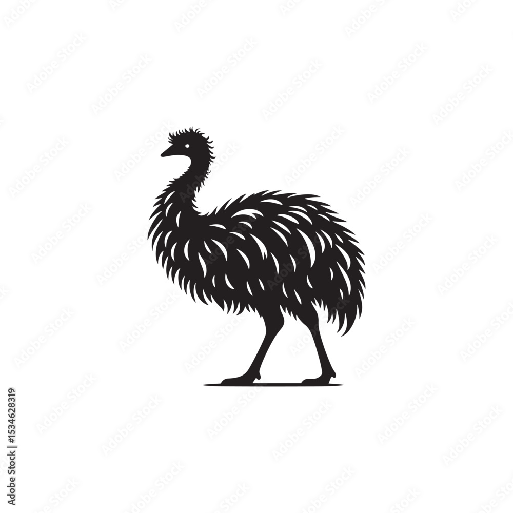 Fototapeta premium Emu Silhouette Vector Design – Tall Flightless Bird Graphic Featuring Distinctive Long Neck and Legs, Minimalist Black Outline Style Perfect for Wildlife Art, Logos, and Prints 