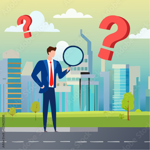 Observation or examination, curiosity to discover secret, search or analyze information, investigate or research concept, curious businessman holding magnifying glass observe data with question mar