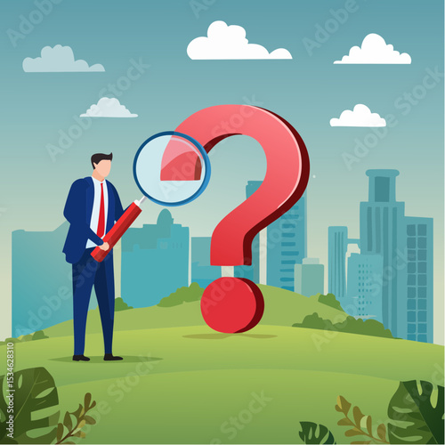 Observation or examination, curiosity to discover secret, search or analyze information, investigate or research concept, curious businessman holding magnifying glass observe data with question mar