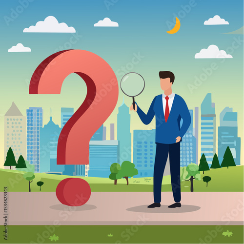 Observation or examination, curiosity to discover secret, search or analyze information, investigate or research concept, curious businessman holding magnifying glass observe data with question mar