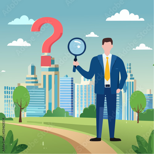Observation or examination, curiosity to discover secret, search or analyze information, investigate or research concept, curious businessman holding magnifying glass observe data with question mar